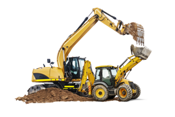 Excavator and bulldozer loader close-up on a white isolated background.Construction equipment for earthworks. element for design. Rent of modern construction equipment.