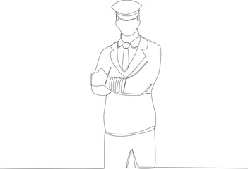 A man stands looking at the passengers of the plane. Pilot and plane one-line drawing
