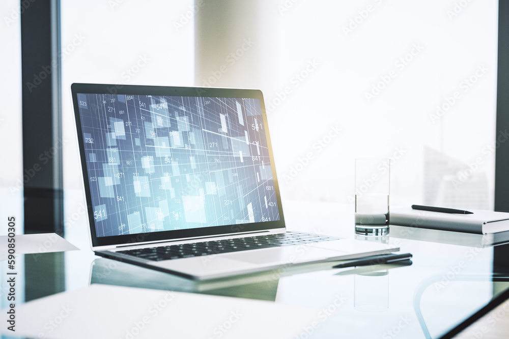 Poster modern computer monitor with abstract creative statistics data hologram, statistics and analytics co