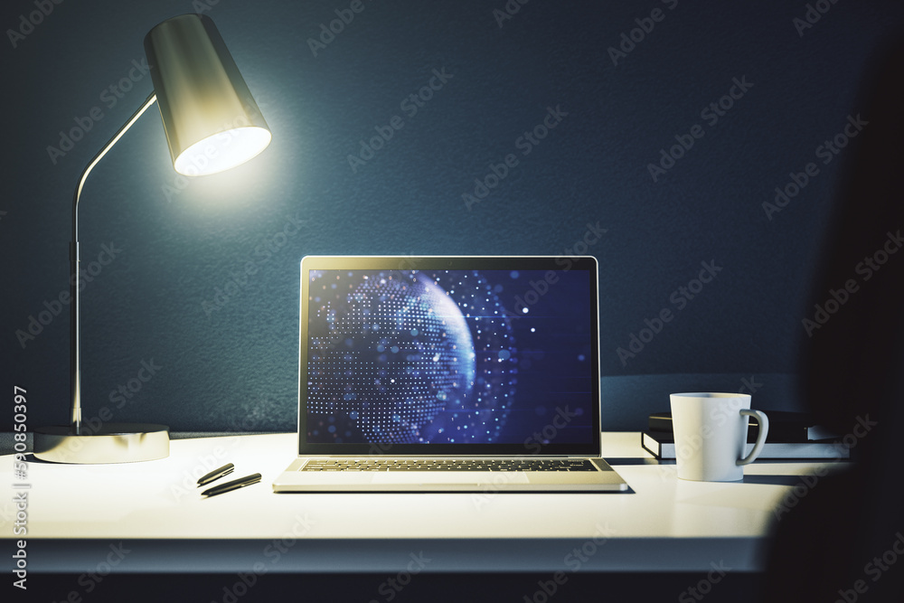 Poster abstract creative world map on modern laptop screen, international trading concept. 3d rendering