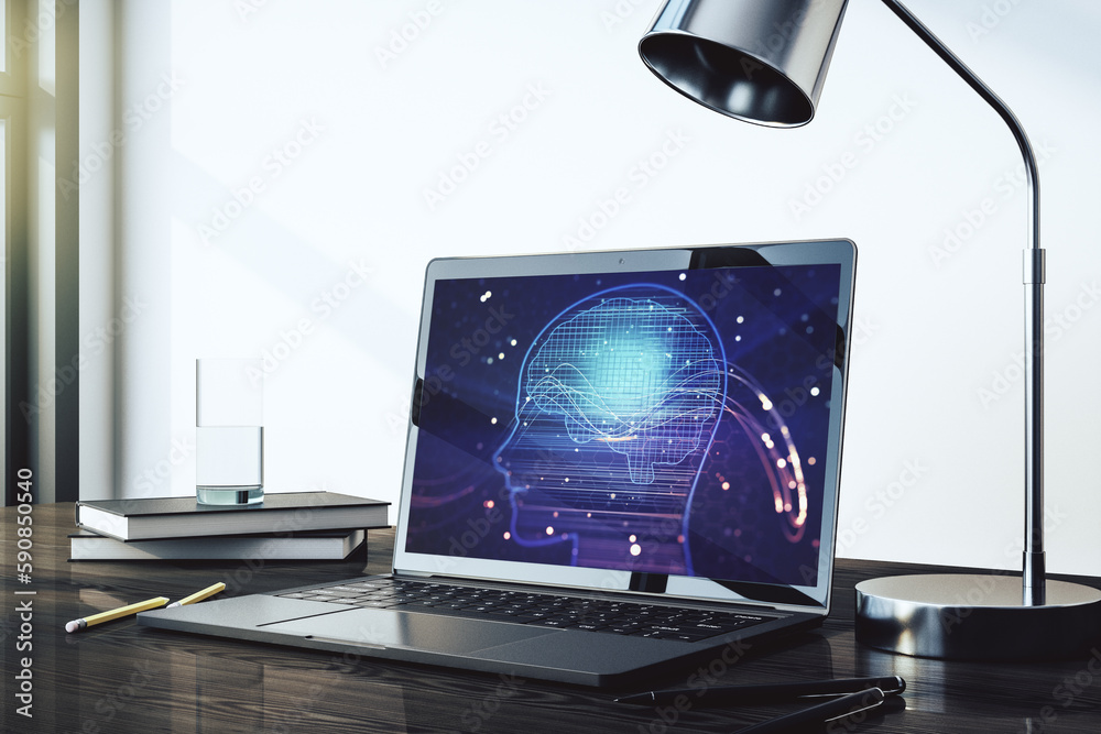 Leinwandbilder Modern computer monitor with creative artificial Intelligence symbol. Neural networks and machine learning concept. 3D Rendering