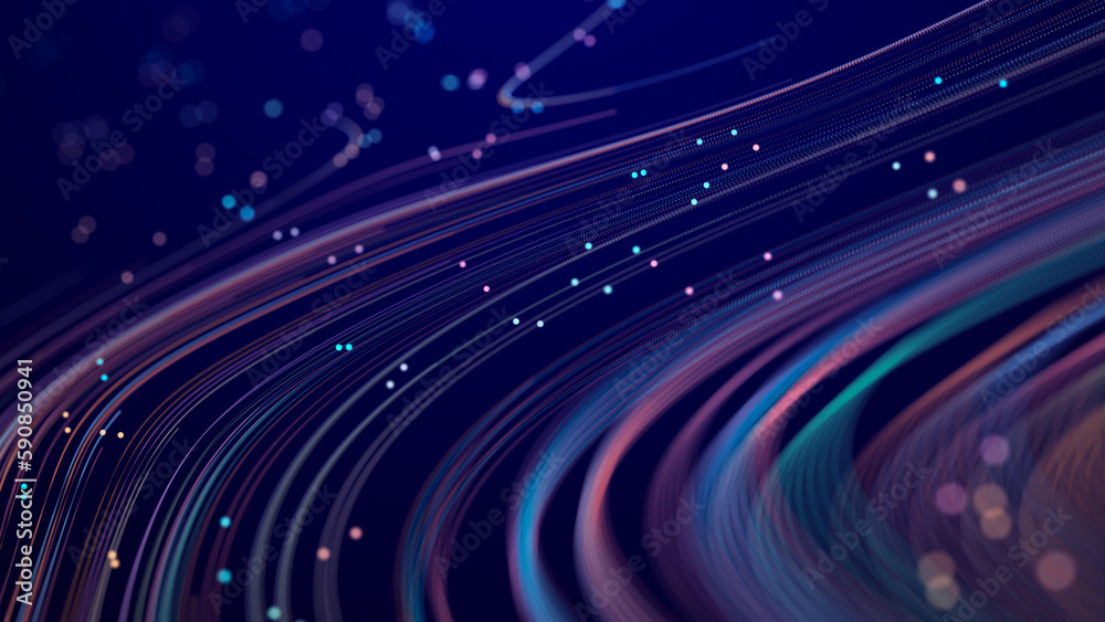Fototapete Abstract digital background of moving particles. Information space flow. Big data visualization. 3d rendering