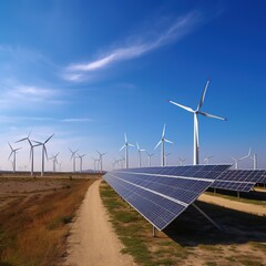 Solar panels and wind generators under blue sky, generative ai