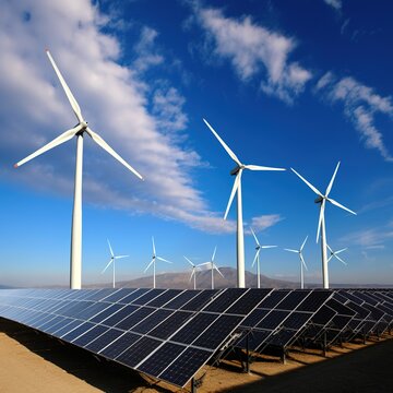 Solar panels and wind generators under blue sky, generative ai