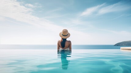 Young woman enjoying sun in the pool. Generative AI