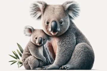 two cute koalas sitting together on a blank white background. Generative AI