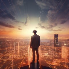 Fototapeta premium Businessman walking on virtual reality platform to futuristic smart city of opportunity with internet cyber network connection on high building , generative ai