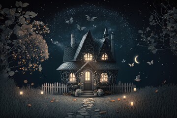 solitary house in the middle of a vast, moonlit field under a starry night sky. Generative AI