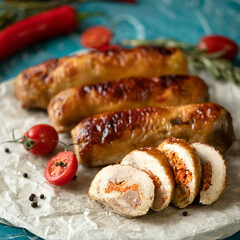 Fried chicken rolls stuffed with vegetables on parchment paper with tomatoes and peppers. Sectional view. Blue background. Soft focus. Close-up.