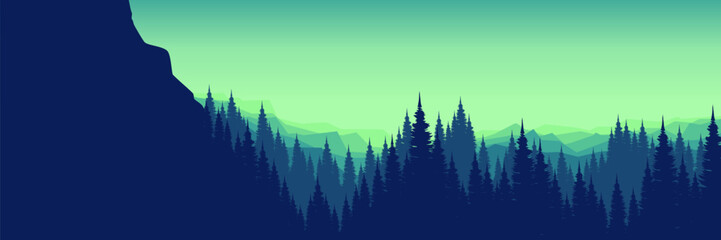 mountain valley nature landscape with forest silhouette panorama vector illustration wallpaper, backdrop, background, web banner, and design template