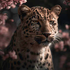 Closeup portrait of leopard with cherry bloom flowers on background