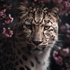 Closeup portrait of leopard with cherry bloom flowers on background