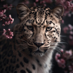 Naklejka premium Closeup portrait of leopard with cherry bloom flowers on background