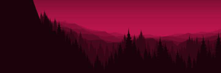 mountain valley nature landscape with forest silhouette panorama vector illustration wallpaper, backdrop, background, web banner, and design template