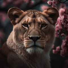Fototapeta premium Closeup portrait of lion with cherry bloom flowers on background