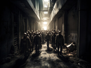 Night of the Living Dead: Zombie Horde Approaching in Abandoned City, Generative AI
