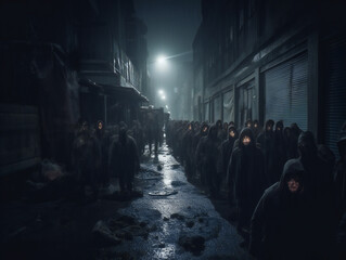 Night of the Living Dead: Zombie Horde Approaching in Abandoned City, Generative AI
