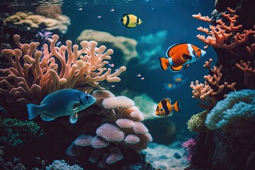 Fototapeta na wymiar colorful underwater world with a variety of fish swimming around in an aquarium. Generative AI