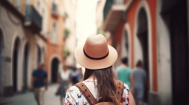 Woman walking in old town during vacation. Generative AI