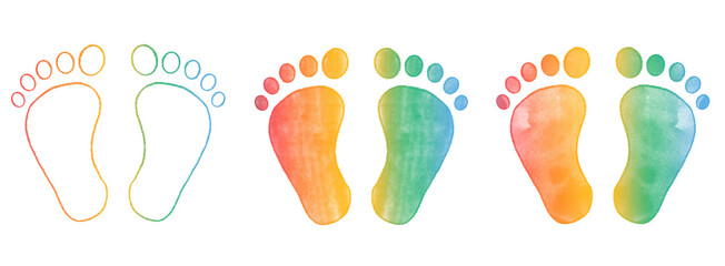 Hand drawn newborn rainbow baby footprint vector illustration set pencil crayon and watercolor paint ink texture gender neutral reveal announcement baby shower lgbt  transparent png jpeg - obrazy, fototapety, plakaty