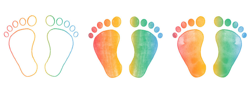 Hand drawn newborn rainbow baby footprint vector illustration set pencil crayon and watercolor paint ink texture gender neutral reveal announcement baby shower lgbt  transparent png jpeg