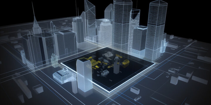 A 3D city is being designed, managed and built using mixed reality software. Buildings, landscapes, and roads are all being created. generative ai