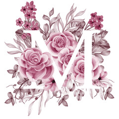 Mother's Day Floral Letter M Design - Watercolor Vector Stock with Beautiful Flowers