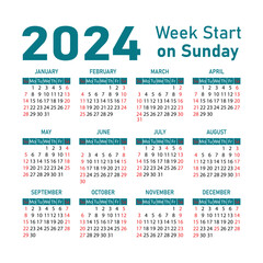 Calendar 2024 template vector. Wall calendar 2024 Week starts on Sunday. Vector illustration. Flat