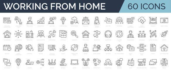 Set of 60 line icons related to remote working, freelance, hybrid work, digital nomad, office, work at home. Outline icon collection. Editable stroke. Vector illustration.  - obrazy, fototapety, plakaty