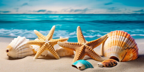 Fototapeta na wymiar Muscheln und Seesterne auf dem Sand mit Meer im Hintergrund - erstellt mit AI 