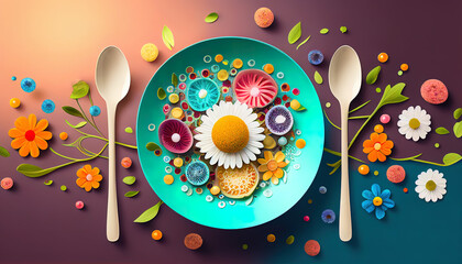 Flowers and shapes, artistic diner backgrounds, floreal with circles. 
Created with Generative AI