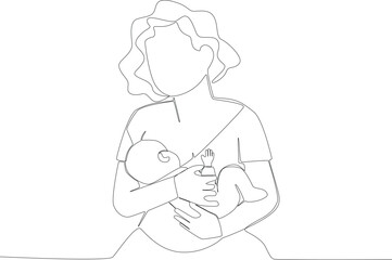 A mother breastfeeds her baby. Pregnant and breastfeeding one-line drawing