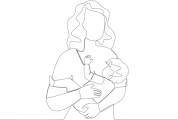 A long-haired mother breastfeeds her baby. Pregnant and breastfeeding one-line drawing