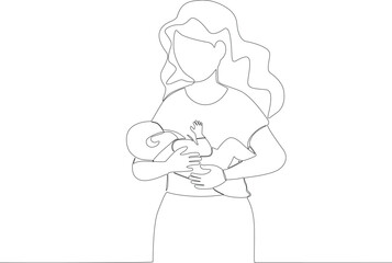 A mother stands breastfeeding her baby. Pregnant and breastfeeding one-line drawing
