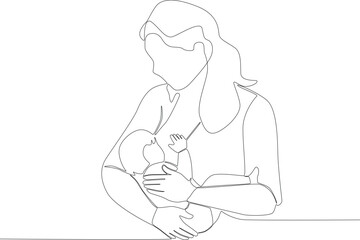 A mother stares at her baby while breastfeeding. Pregnant and breastfeeding one-line drawing