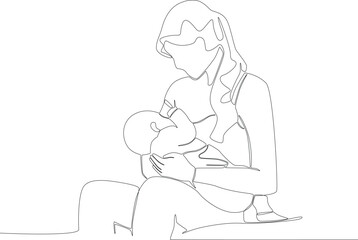A young mother breastfeeds her cute baby. Pregnant and breastfeeding one-line drawing