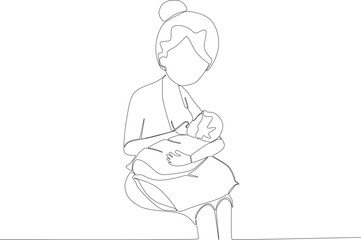A mother sits breastfeeding her baby. Pregnant and breastfeeding one-line drawing