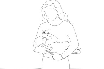 A curly-haired mother breastfeeds her child. Pregnant and breastfeeding one-line drawing