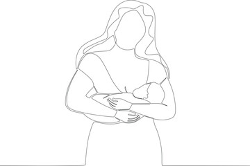 A mother holding her baby while breastfeeding. Pregnant and breastfeeding one-line drawing