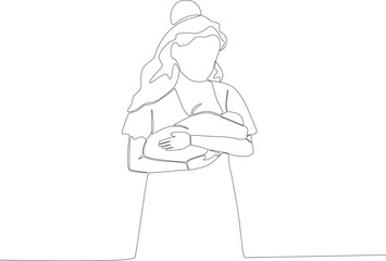 A young mother breastfeeds her cute baby. Pregnant and breastfeeding one-line drawing