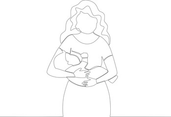 a woman breastfeeding her newborn child. Pregnant and breastfeeding one-line drawing