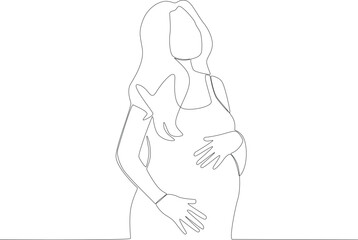 A woman feels contractions in her pregnancy. Pregnant and breastfeeding one-line drawing
