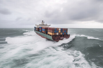 Cargo ship with containers on board in stormy sea. Strong waves damaged cargo ship, wrecked containers in water. Created with Generative AI