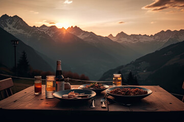 Naklejka na ściany i meble Set table at outdoor terrace. Romantic dinner with view of mountain at sunset. Created with Generative AI