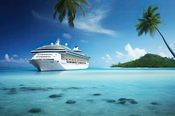 Large cruise ship in tropical landscape. Tourism vacation and summer traveling. Luxury liner ship in the sea. Created with Generative AI