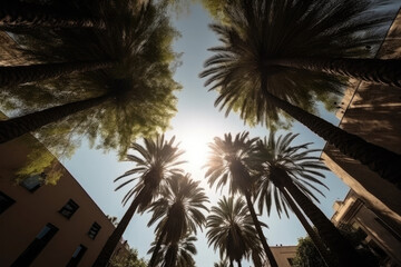 Fototapeta na wymiar Palm tree silhouettes against sunset sky. Tropical background. Created with Generative AI