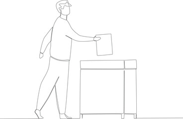 A man walks towards the ballot box. Vote one-line drawing