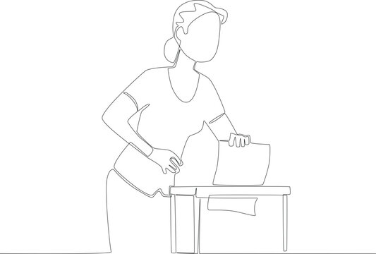 A woman puts her vote into a ballot box. Vote one-line drawing