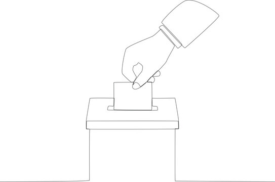 A hand stuffed the folded vote paper into the ballot box. Vote one-line drawing