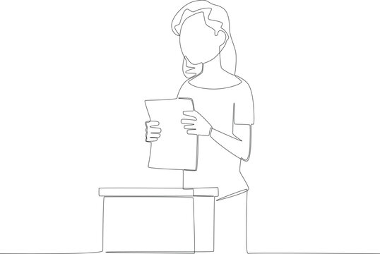 A woman finishes voting. Vote one-line drawing